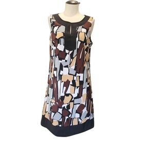 Perceptions Brown and White Sheath Dress Sleeveless Crew Neck